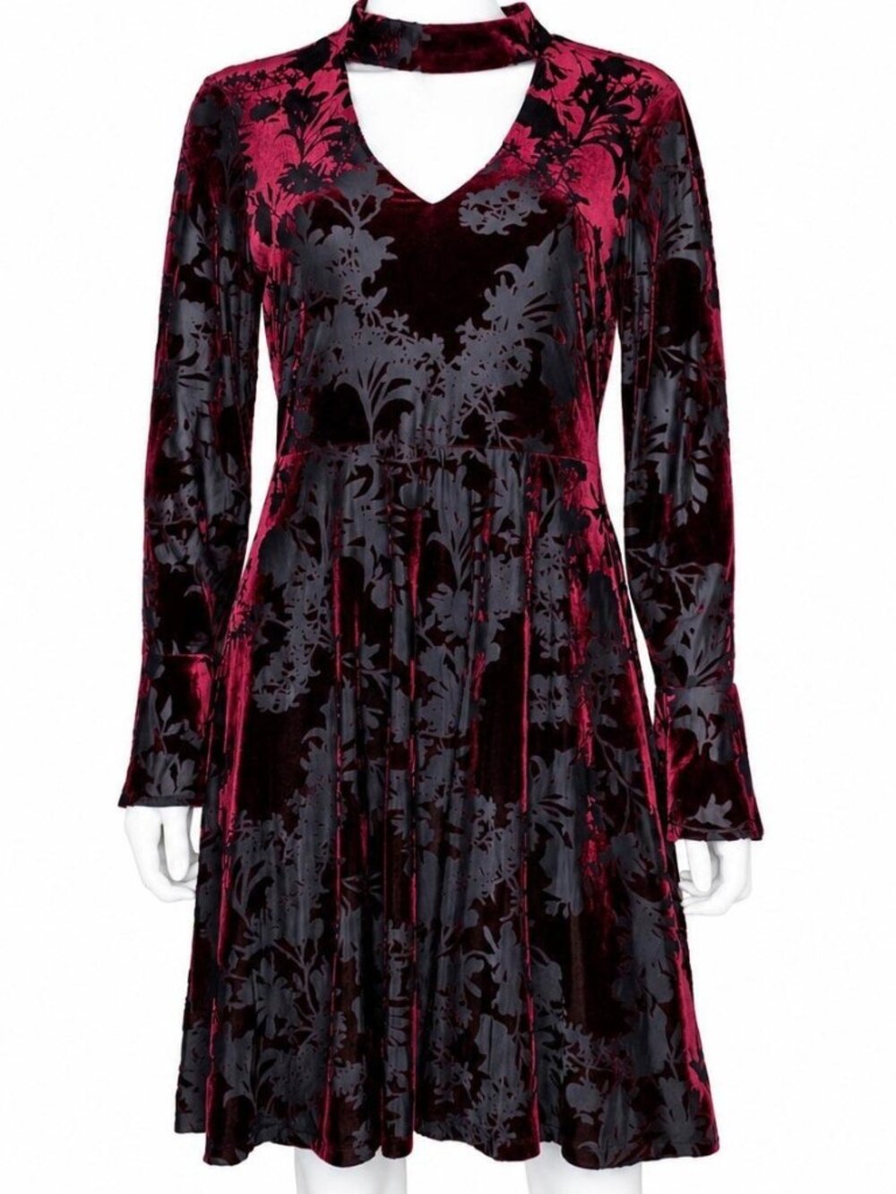 Ivanka Trump Size 10 Burgundy Velvet Floral Burnout Dress Choker Neck Fit Flare